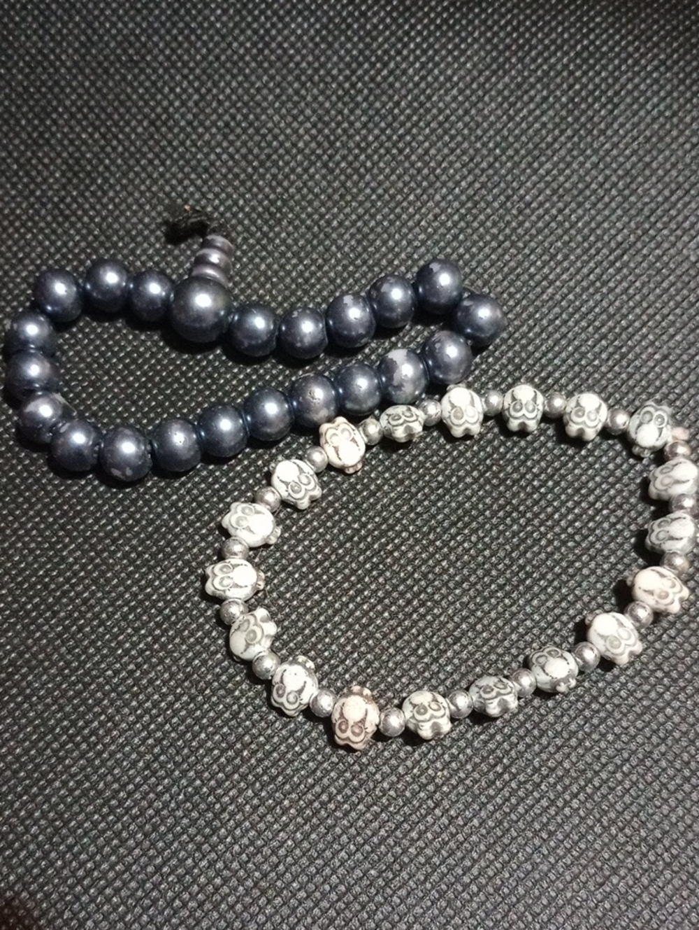 Handcrafted Gray Pearl and Skull Beaded Women's Bracelet Set